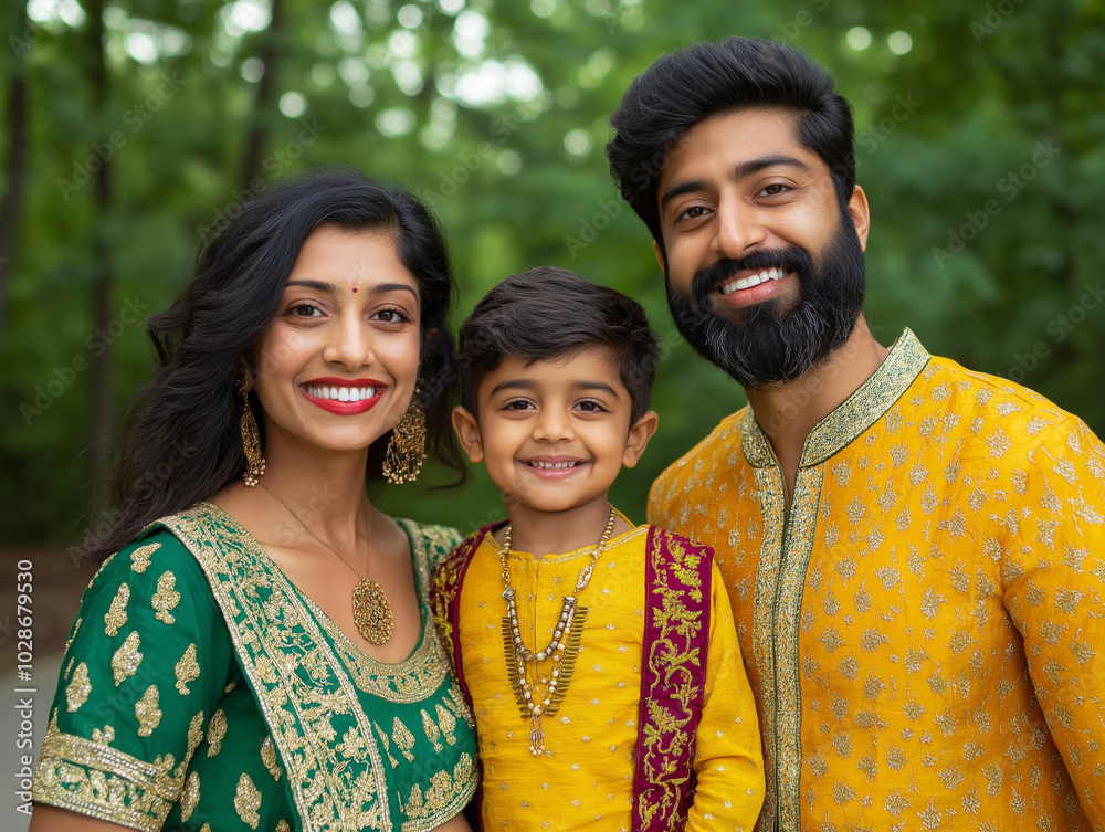 Wall mural portrait of an indian family; mother, father and son, wearing traditional attire