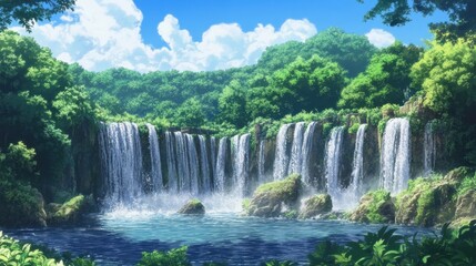 Fototapeta premium Enchanted Jungle with Waterfalls and Ancient Ruins