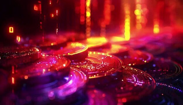 Cryptocurrency coins against tech binary abstract background.