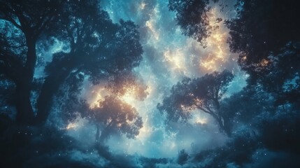 Obraz premium A surreal forest with glowing nebulae in place of trees, where cosmic clouds of gas and light create a mesmerizing, otherworldly atmosphere 