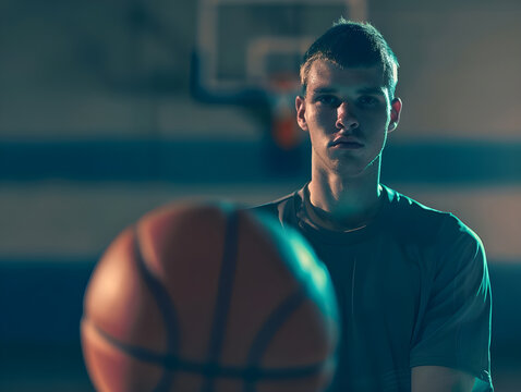 A determined basketball player standing in low light, focusing intensely on the basketball as he prepares to take a shot.