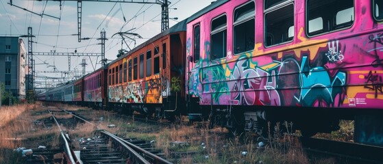 A graffiti-adorned train stands on old tracks, contrasting its vibrant artistry with the surrounding industrial landscape.