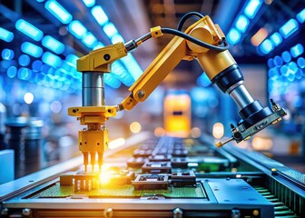 Close-Up of Robotic Arm Working on Circuit Board in Modern Automated Factory - Showcasing Advanced Technology and Industrial Automation for Enhanced Productivity