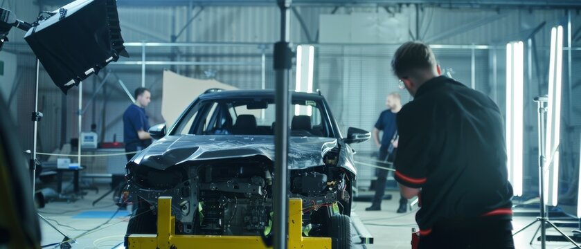 Inside an industrial workshop, professionals inspect a car under bright studio lights, highlighting its sleek design and advanced engineering.