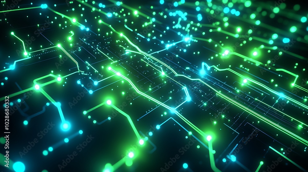 Poster abstract digital circuit board with glowing green and blue lines and dots on a black background.