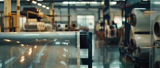 In a bustling factory, large rolls of clear film unfurl, showcasing industrial scale and the precision of manufacturing processes.
