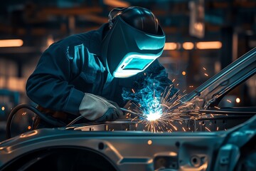 1 A welder in protective gear fusing metal joints on a car frame, photorealistic style, glowing sparks, and detailed lighting reflecting off the metal