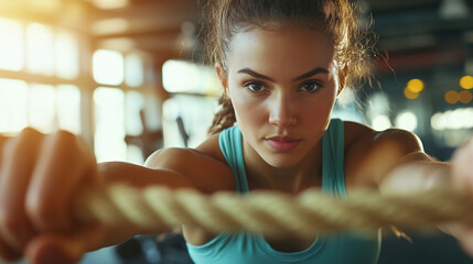 Naklejka premium Młoda kobieta w sportowym stroju z energią ciągnie linę podczas intensywnego treningu na siłowni.