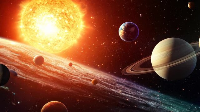 A vast, swirling galaxy with a fiery sun and multiple planets, including one with prominent rings, surrounded by shimmering stars.