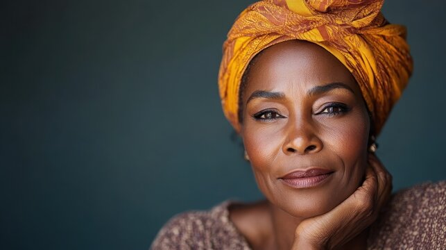 A poised woman wearing a vibrant headwrap gazes thoughtfully into the distance, embodying wisdom and serenity with a touch of cultural richness and maturity.