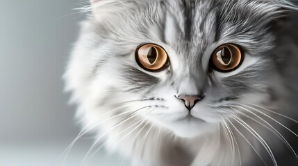 Close-up of a fluffy gray cat with striking amber eyes.