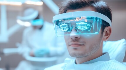 5 A dentist using augmented reality glasses to view a patients 3D dental scan, futuristic style, glowing holograms, and sleek clinic setting