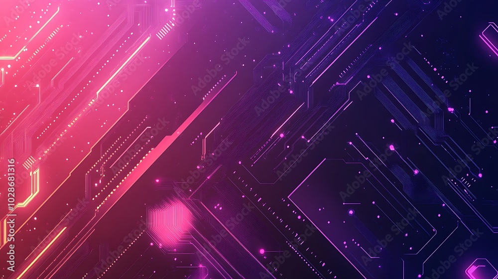 Poster abstract digital circuit board with glowing pink and purple lines on dark background.
