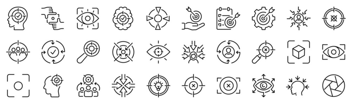 Set of 30 outline icons related to focus, concentration. Linear icon collection. Editable stroke. Vector illustration