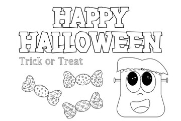 Fun Halloween coloring page for kids featuring Happy Halloween text, candy, and a cute Frankenstein. Perfect for festive activities.