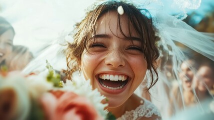 Joyful bride laughs heartily, wearing a veil and holding a vibrant bouquet, surrounded by friends in a celebration filled with contagious happiness and love.