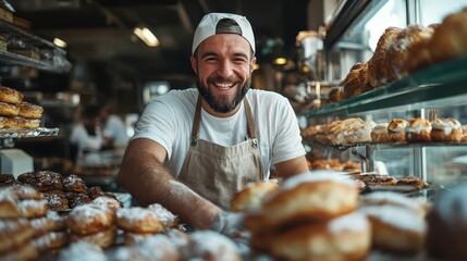 A jolly baker wearing a cap and apron presents a selection of mouthwatering pastries inside a bustling bakery, exuding friendliness and expertise.