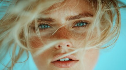 A woman presents a freckled face, her blonde hair artfully windswept, showcasing bright blue eyes in a bold and emotive portrait that captivates the viewer.