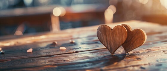 Two carved wooden hearts stand side by side on a sunlit table, symbolizing love and companionship amidst a soft-focus, dreamy background.