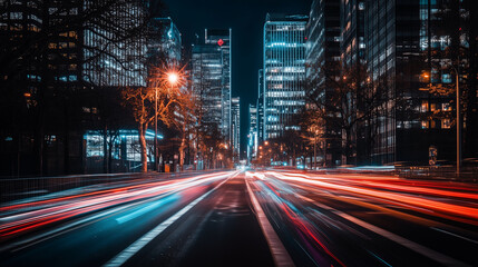 Fototapeta premium Vibrant night cityscape with light trails on urban street