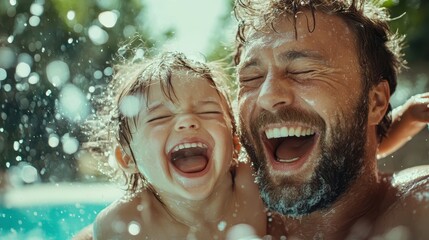 A father and child share an infectious laugh while splashing water at a poolside, capturing a heartwarming moment of pure joy and familial love.