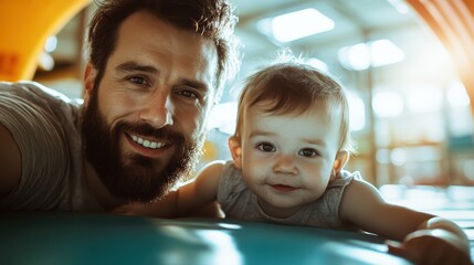 A bearded father engaging in playful activities with his baby, indoors under the sunlight, capturing the warmth and joy of familial bonds and shared laughs.