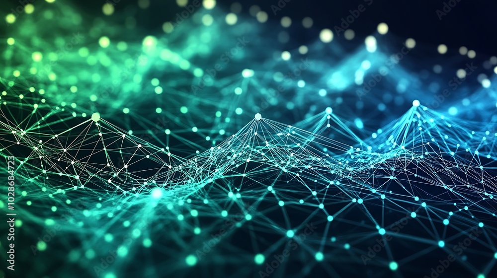 Poster abstract digital network connection background with green and blue glowing lights.