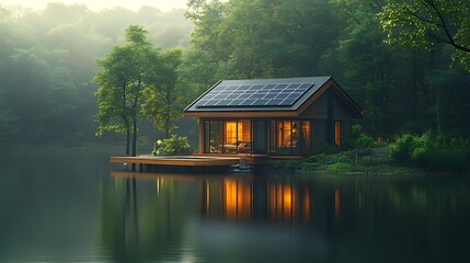 Obraz premium A modern, sustainable cabin with solar panels on the roof, nestled amidst a lush forest and reflecting on a tranquil lake.