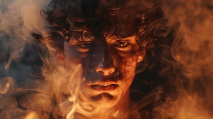 Fototapeta premium Close-up Portrait of a Young Man in Smoke