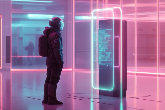 A futuristic gatekeeper standing at a glowing biometric scanner, allowing access to a high-tech facility by reading a person&rsquo;s holographic DNA