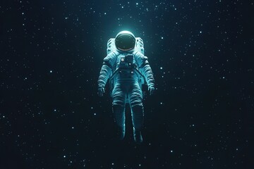 Fototapeta premium A lone astronaut wearing a vintage-inspired glowing space suit, floating in the vastness of space with glowing stars in the background 