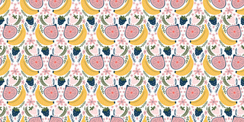 Vibrant seamless pattern featuring bananas, figs, blackberries, white strawberries, pink flowers, and green leaves. Designed in a modern, organic vector style with flat colors and a fun, childlike