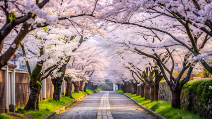 Solid minimalist cherry blossom path in Japanese school background