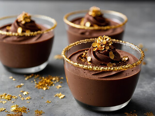 A rich chocolate mousse served in small festive cups with gold flakes on top.