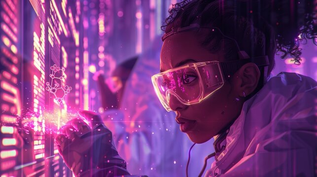 Futuristic Scientist Analyzing Data in Laboratory