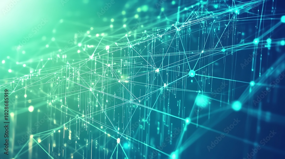 Aufkleber abstract digital network with glowing lines and dots in green and blue tones.