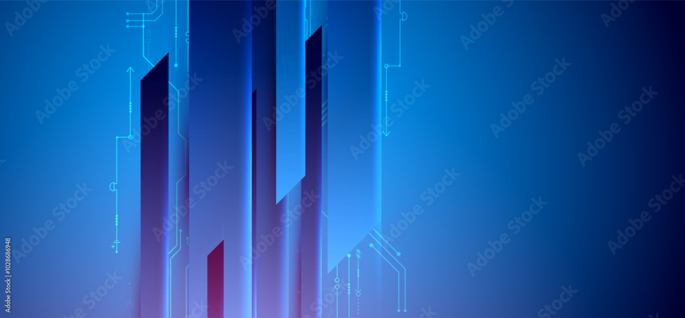 Poster abstract technological illustration with neon lights on a dark blue gradient background. this vector