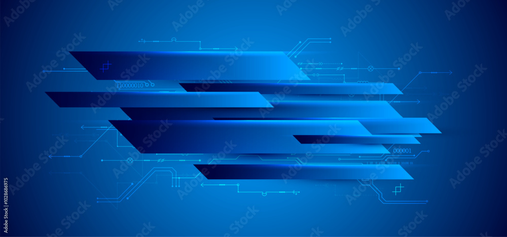 Poster abstract technological illustration with neon lights on a dark blue gradient background. this vector