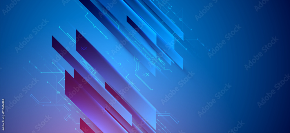 Poster abstract technological illustration with neon lights on a dark blue gradient background. this vector