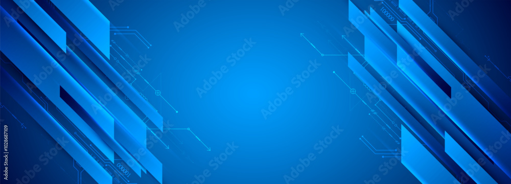 Poster abstract technological illustration with neon lights on a dark blue gradient background. this vector