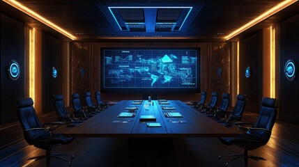A corporate boardroom featuring a glowing, AI-driven strategy board, where executives visualize data analytics and future market trends