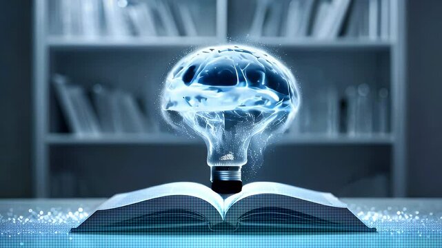 Open book with glowing lightbulb shaped like a brain.