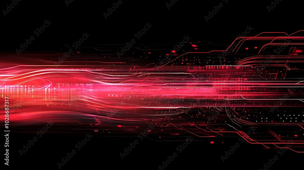 Poster abstract digital technology background with glowing red lines and light streaks on black.