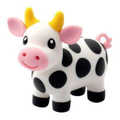 Fototapeta premium Cute and colorful rubber cow toy with black spots, yellow horns, and a smiling face, perfect for children's playtime.