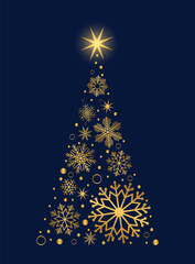 Christmas tree made of golden snowflakes on blue background. Vector illustration.