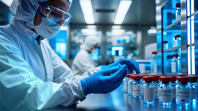 Scientist in a lab coat and blue gloves examining vials in a laboratory.