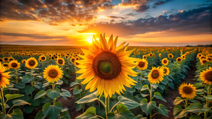 Fototapeta premium Solid minimalist sunflower field at sunset background