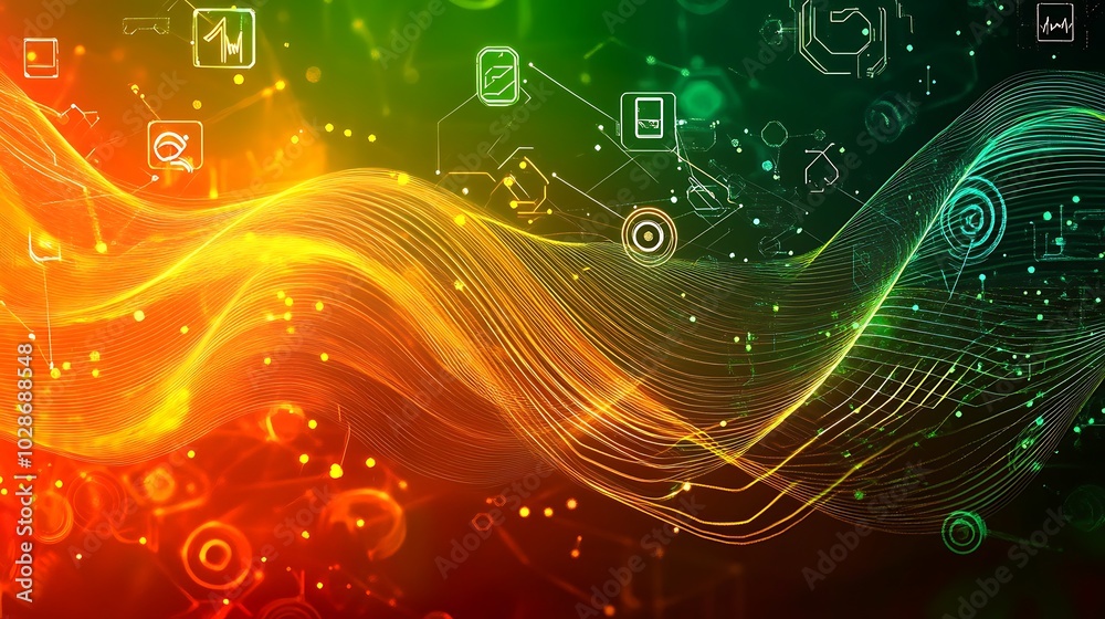 Poster abstract digital wave with glowing lines and icons, green and orange.