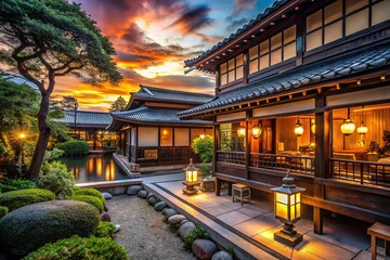 Obraz premium Elegant Silhouette of a Japanese Traditional Luxury Restaurant at Dusk