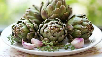 Obraz premium Fresh Artichokes on a White Plate Ready to Cook